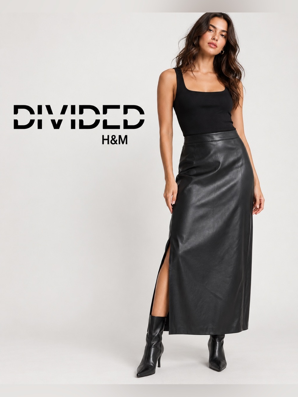 H&M Divided Black Faux Leather Midi Pencil Skirt Size S